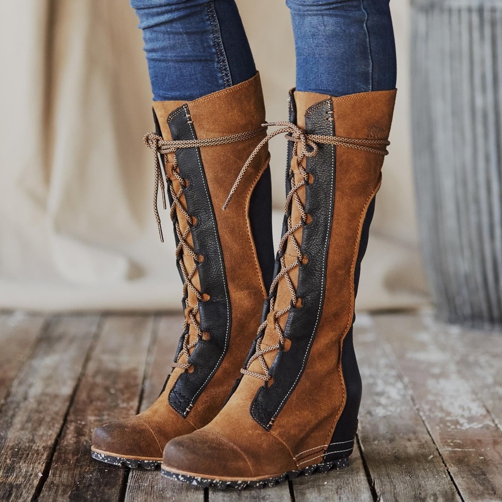 Women's Tall Lace-Up Brown Suede Boots - Picture 1 of 8